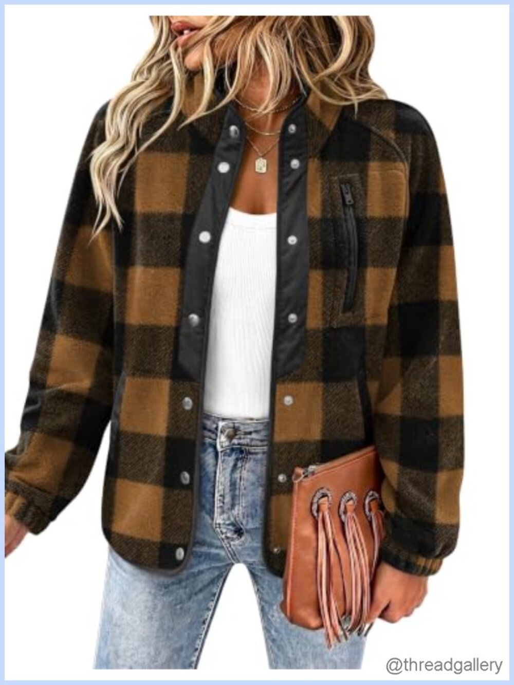 Women's Fleece Snap Button Jacket Western Aztec Print Stand Collar